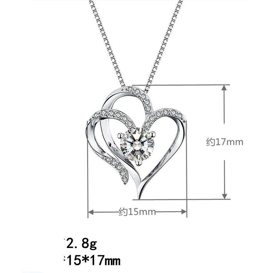 White Gold Double Heart Pendant Necklace Clavicle Pendant Diamond Heart Necklace