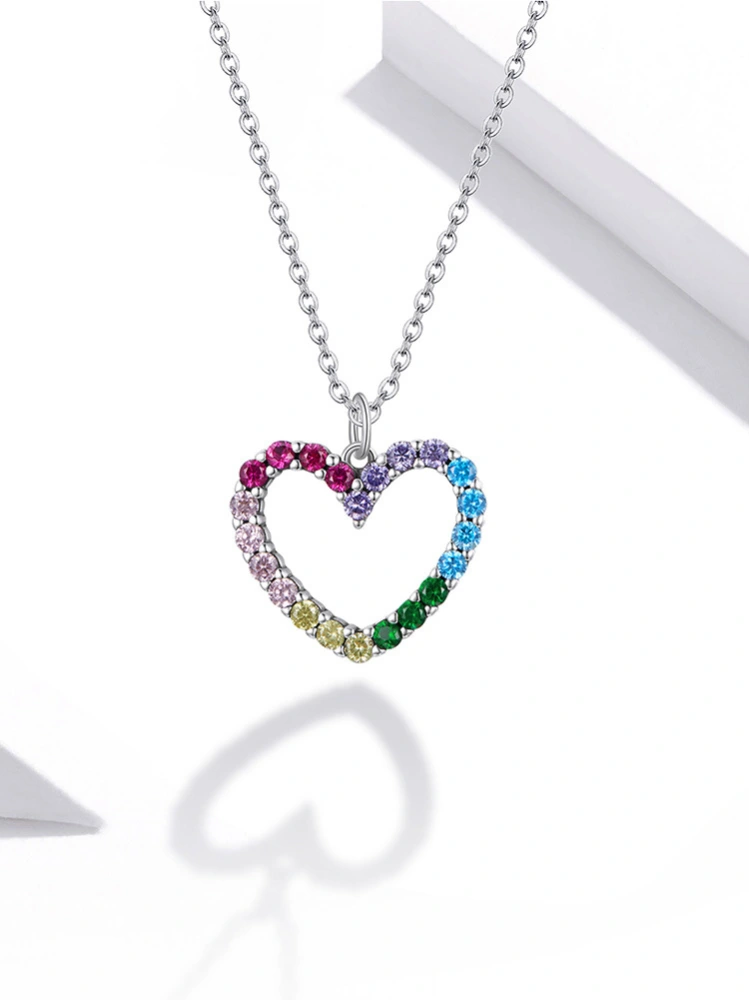 bamoer 925 Sterling Silver Rainbow Colorful Heart Pattern Love Dazzling Zircon Necklace Chain Link for Women Jewelry SCN449