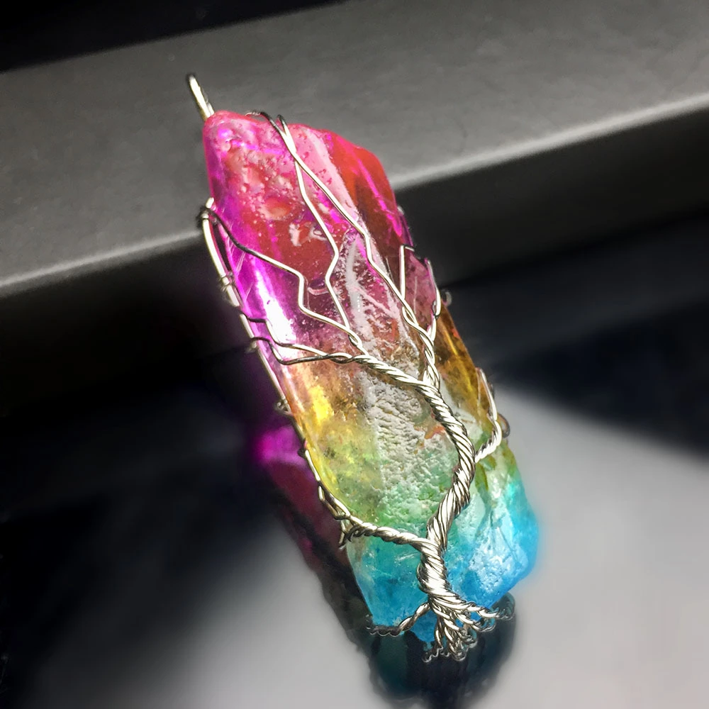 Natural Stone Charms Pendants 7 Chakra Rainbow Jewelry DIY Quartz Tree of Life Reiki Healing Pendant Pendulum Necklace Women Men1