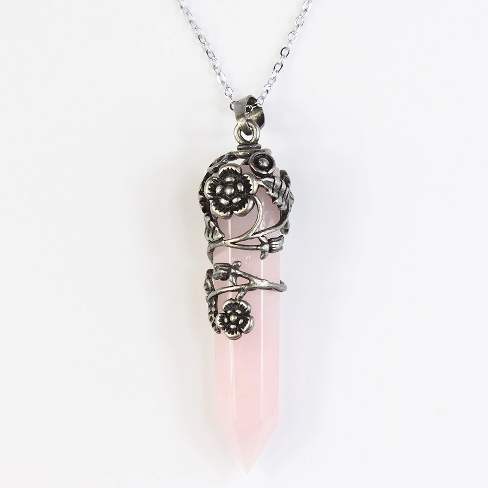 Crystal Amethyst Hexagonal Pillar Rose Bronze Winding Pendant