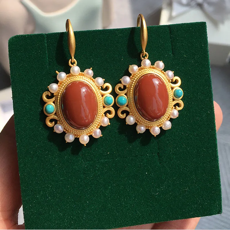 Jade Egg Noodle Pearl Southern Red Turquoise Palace Luxury Royal Sister Cold Wind Earrings