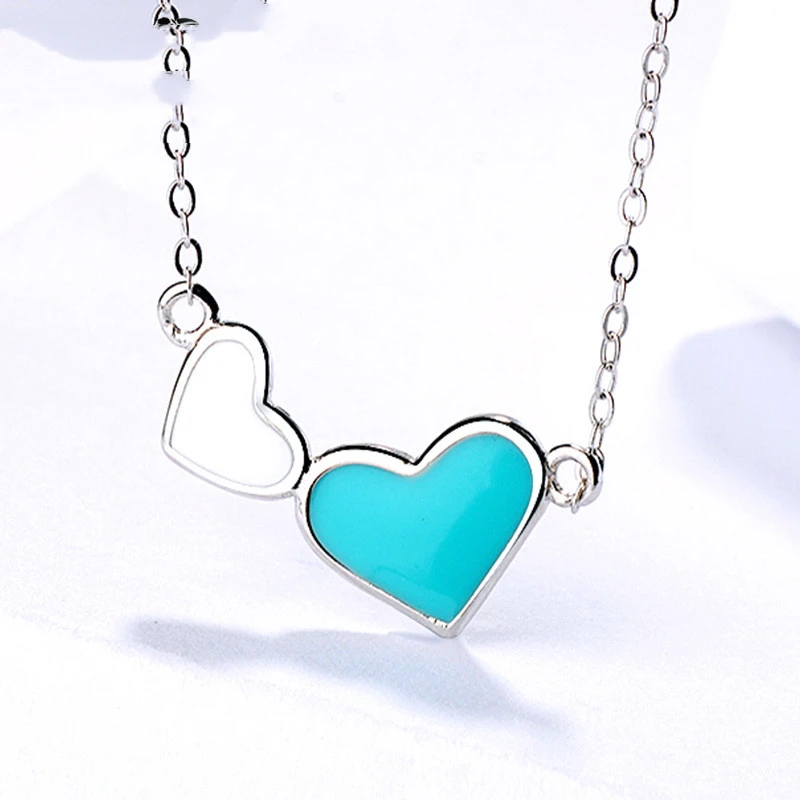 Sterling Silver Double Heart Enamel Heart Pendant Necklace Female Simple Fashion Clavicle Chain