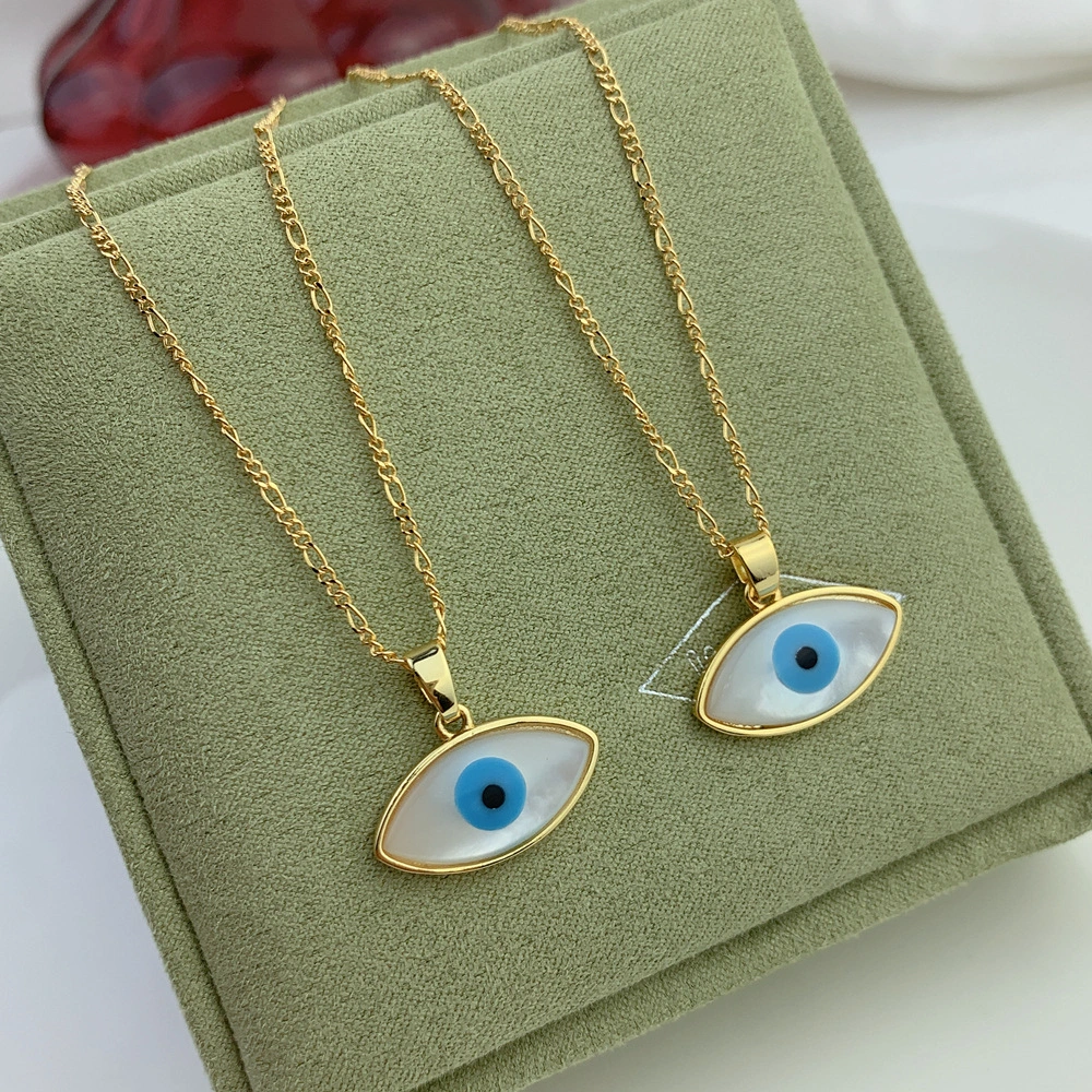 Figaro Chain Pearl Shell Oval Blue Evil Eye Pendant Necklace