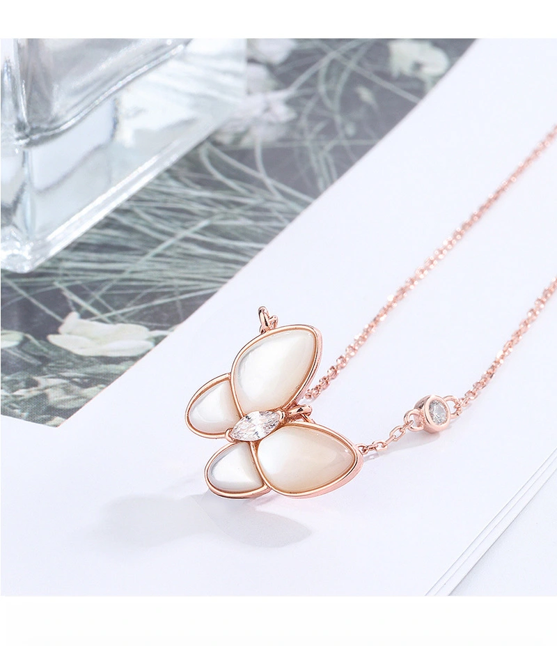 Temperament New Rose Gold White Mother-of-pearl Necklace Diamond Butterfly Shell Pendant Clavicle Chain