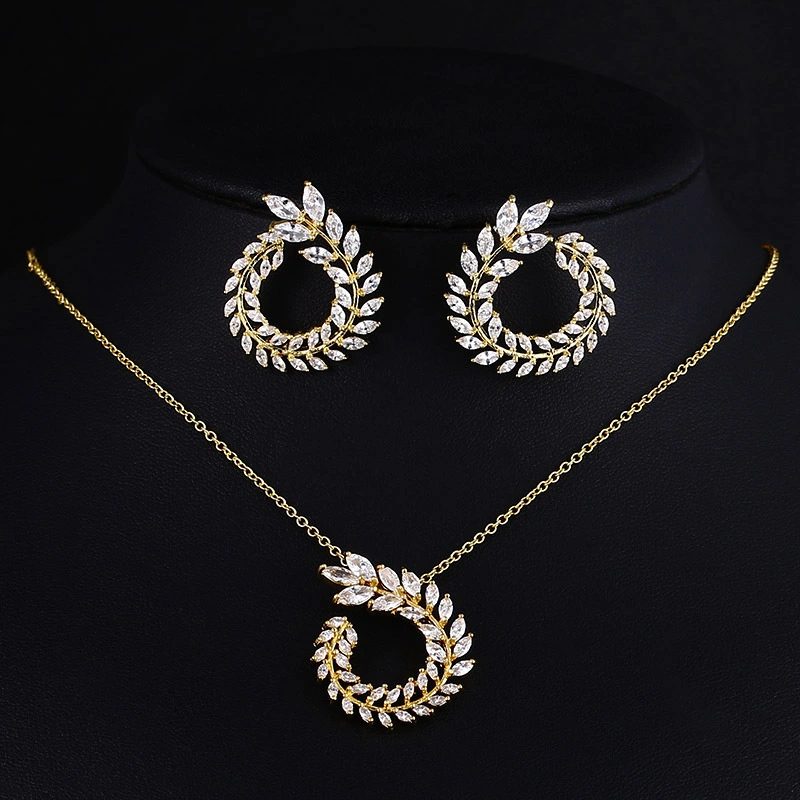 Classic Style High-end Necklace Earrings Set Olive Branch Bridal Jewelry