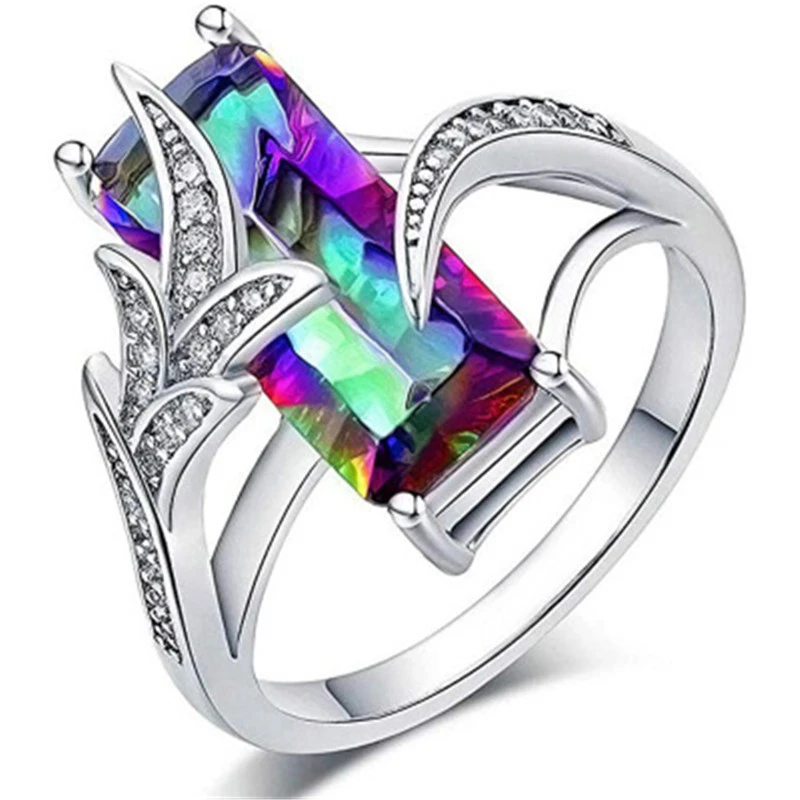 Seven-color Topaz Solitaire Ring With Personality Inlaid Rainbow Gemstone Ring