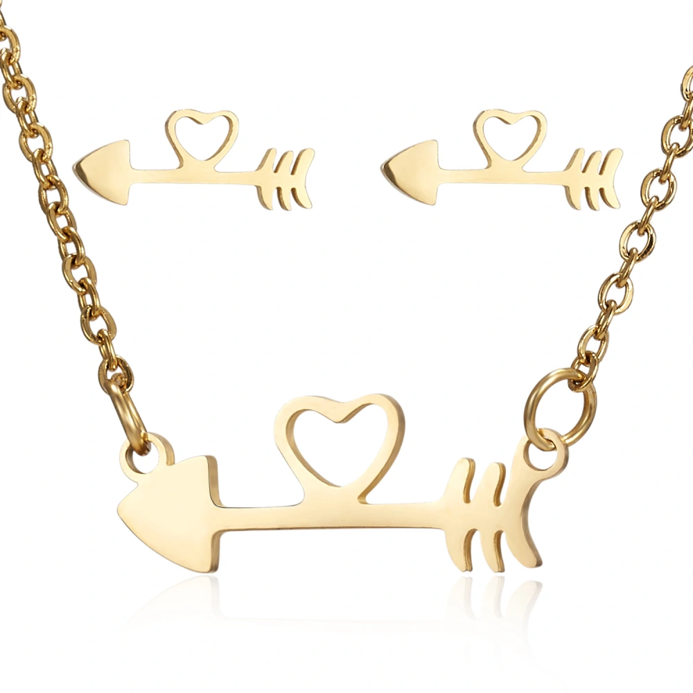 New Style Stainless Steel Necklace Fish Bone Love Earrings Set Accessories Pendant