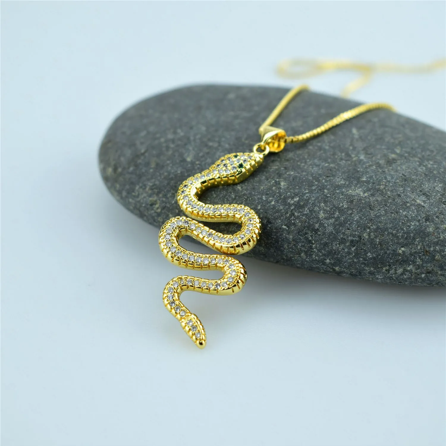 Copper Micro Inlay 24K Snake Zircon Pendant Stainless Steel Box Chain