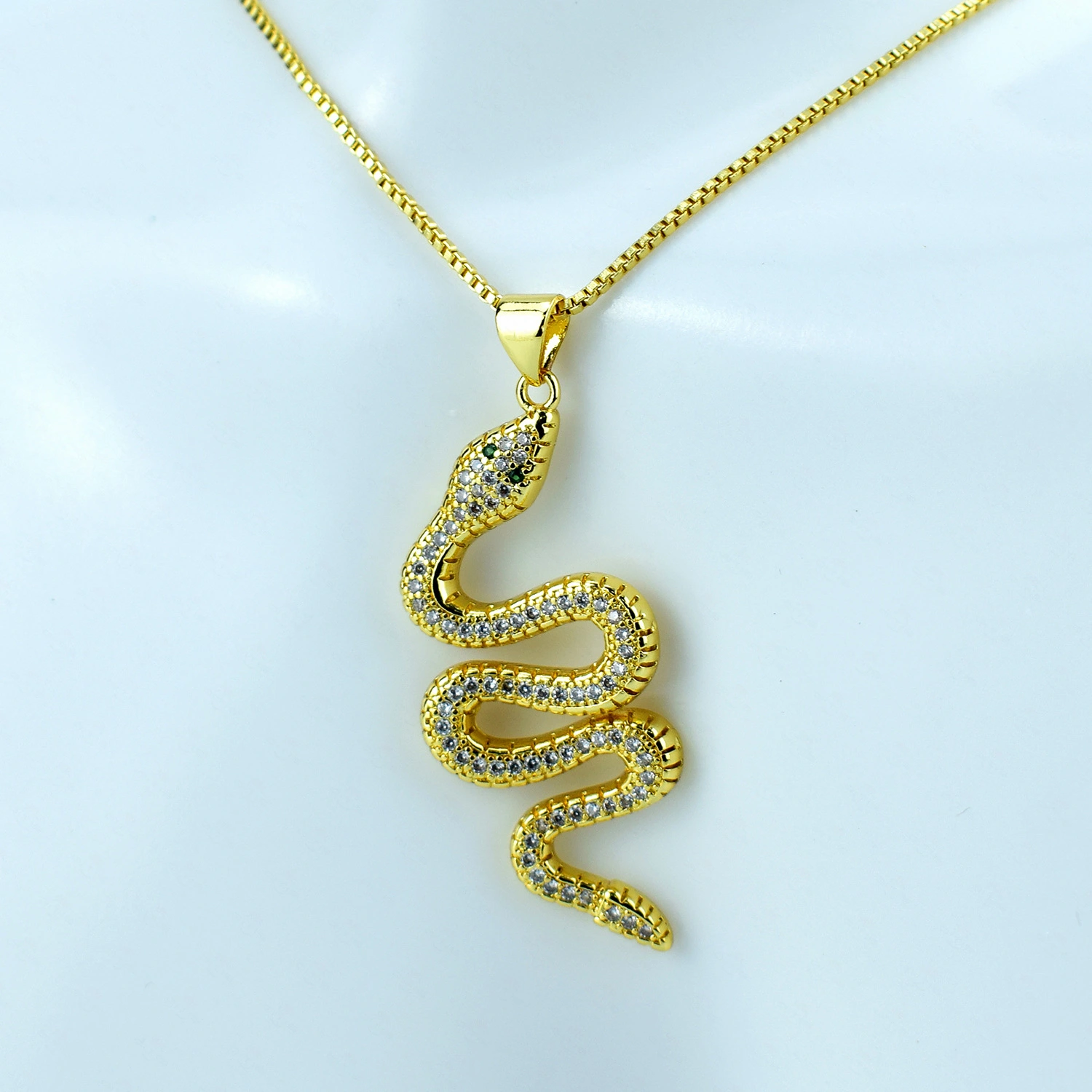 Copper Micro Inlay 24K Snake Zircon Pendant Stainless Steel Box Chain