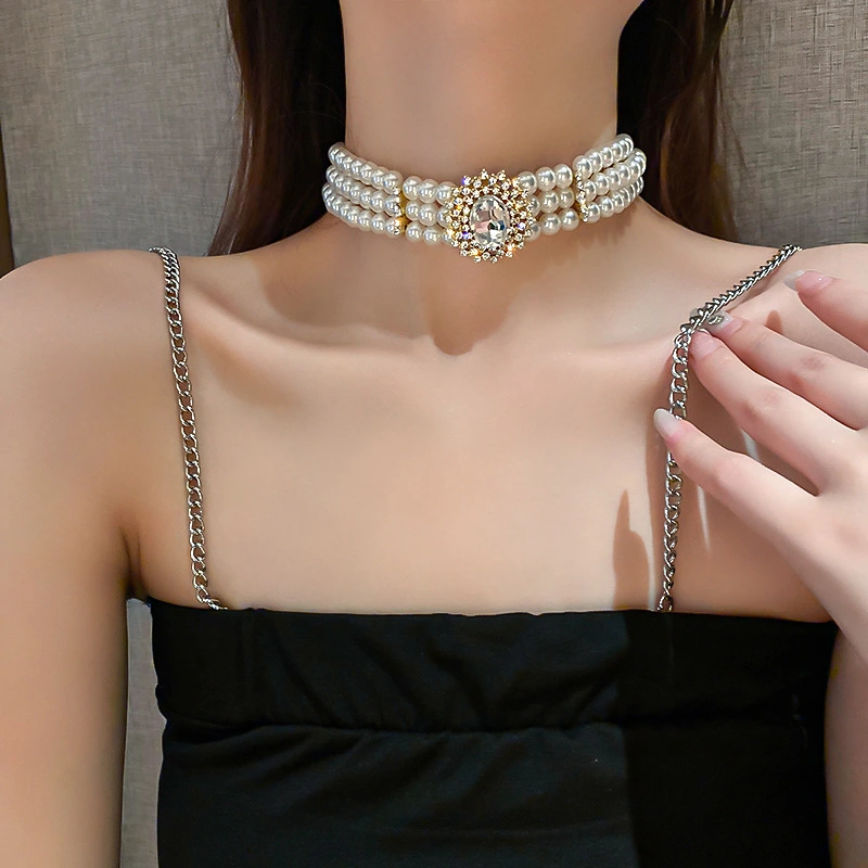 Three-row Pearl Necklace With Diamonds