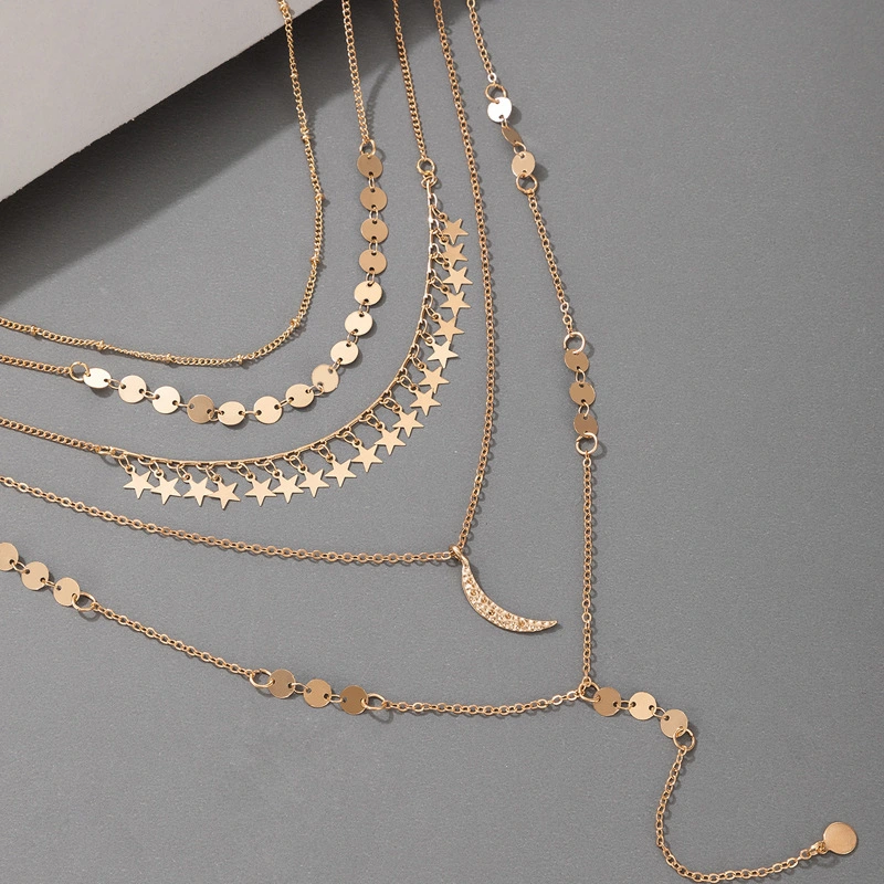 Multilayer Long Sweater Chain With Tassels Stars Moon And Discs