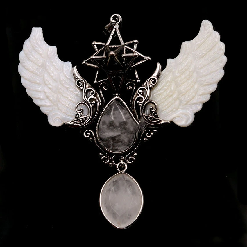 Vintage Hollow Six Pointed Star Natural Crystal Angel Wing Pendant