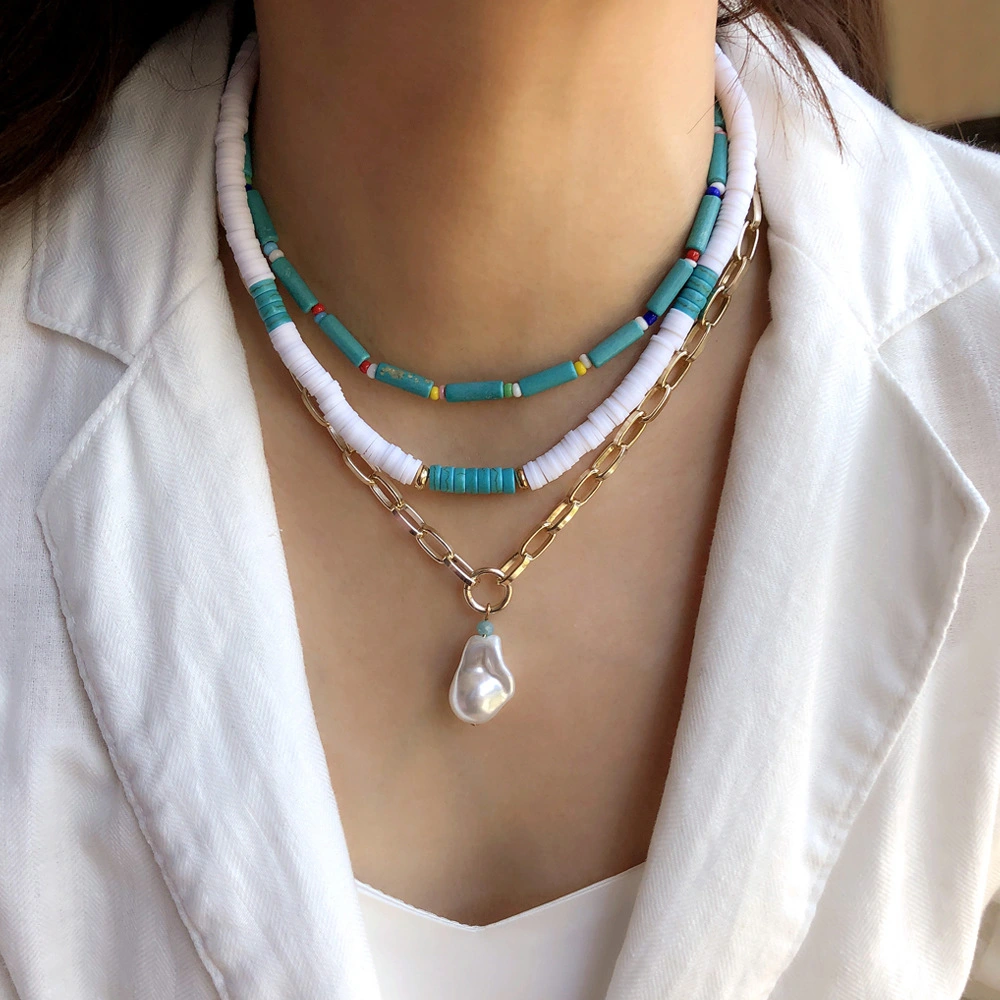 Multi-layer Turquoise Layered Female Handmade Soft Ceramic Clavicle Chain