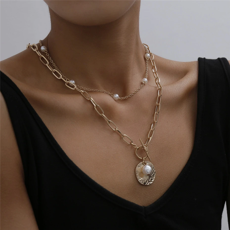 European And American Fashion Jewelry Korean Retro Metal Chain Baroque Pearl Female Necklace