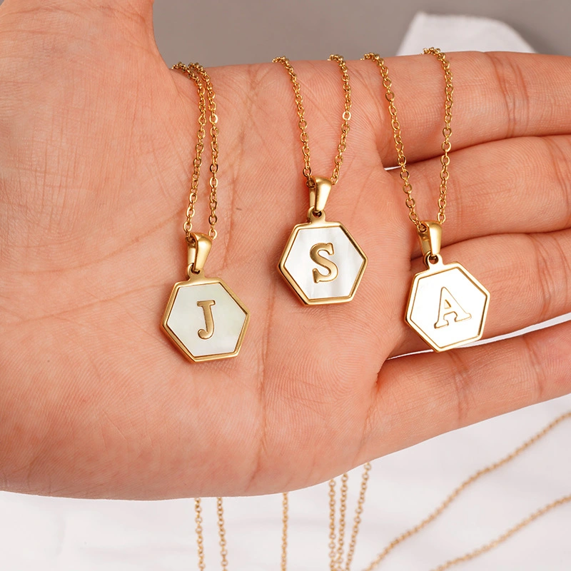 New 18K Gold Hexagonal Shell Letter Necklace Women