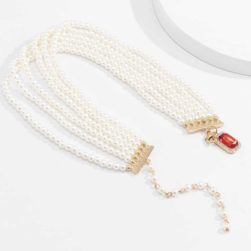 Red Square Gemstone Imitation Pearl Multi-layer Temperament Necklace Women