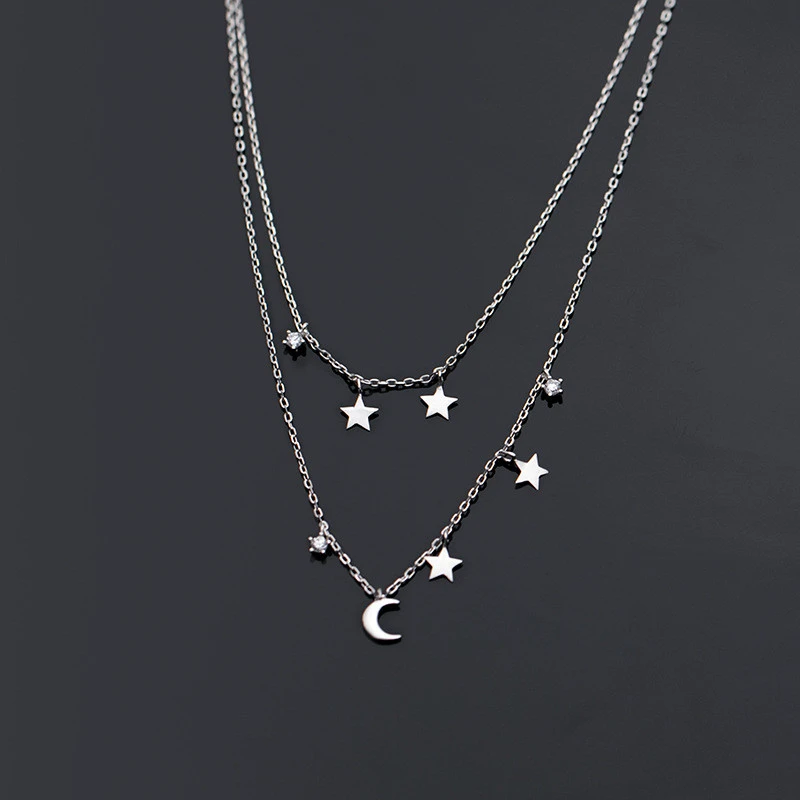 Sweet Double-layer Star And Moon Necklace Femininity With Diamonds