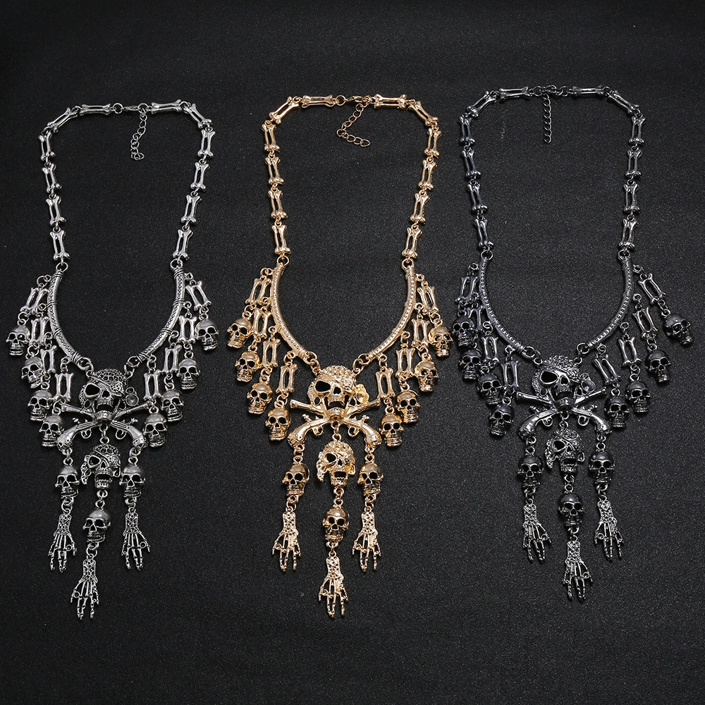 Retro Exaggerated Multilayer Skull Tassel Necklace