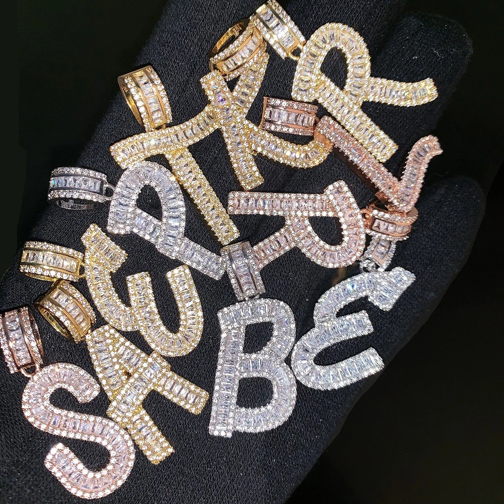 26 English Alphabet Ladder Square Letters Hip Hop Necklace Copper  Zircon