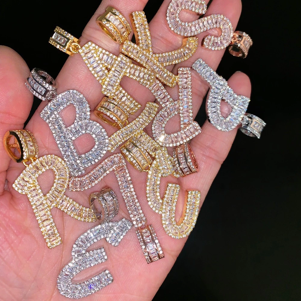 26 English Alphabet Ladder Square Letters Hip Hop Necklace Copper  Zircon