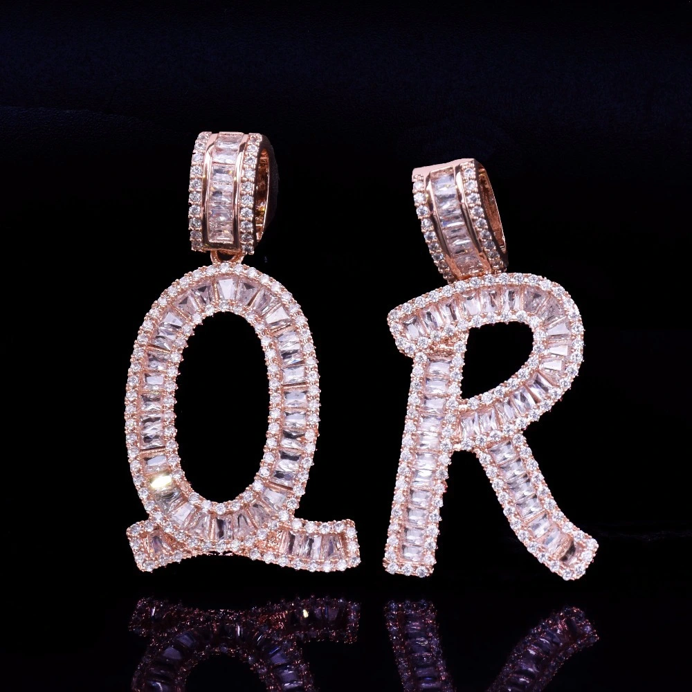 26 English Alphabet Ladder Square Letters Hip Hop Necklace Copper  Zircon