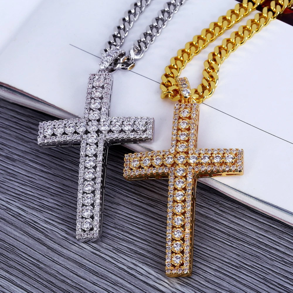 European And American Cross Micro Inlaid Zircon Hip Hop Gold Necklace