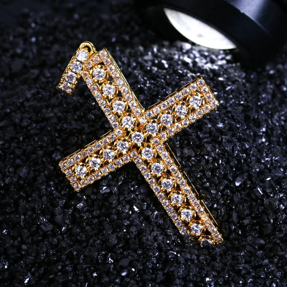 European And American Cross Micro Inlaid Zircon Hip Hop Gold Necklace