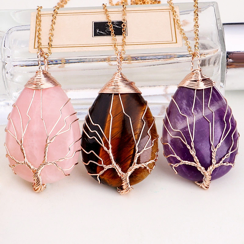 Natural Stone Tie Line Tree Of Life Pendant Necklace