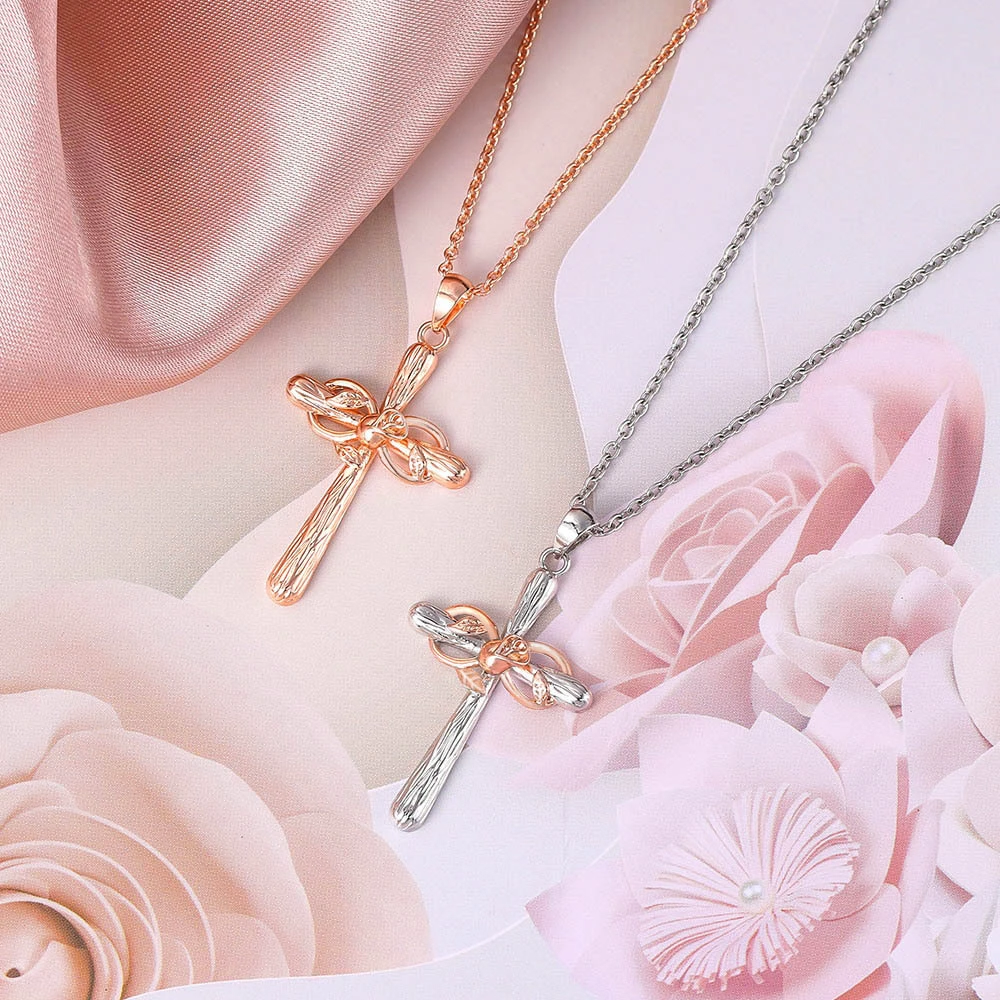 Faith Cross Rose Gold Flower Lucky 8 Charm Pendant Necklace