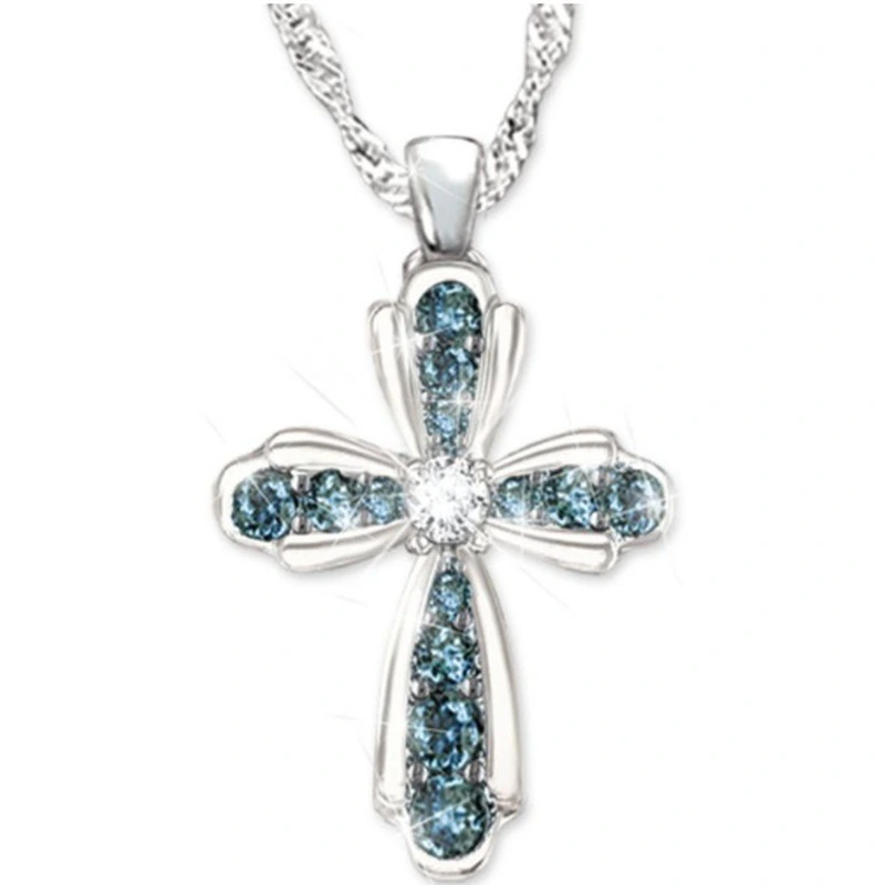 New Cross-border Source Inlaid Blue Diamond Cross Necklace