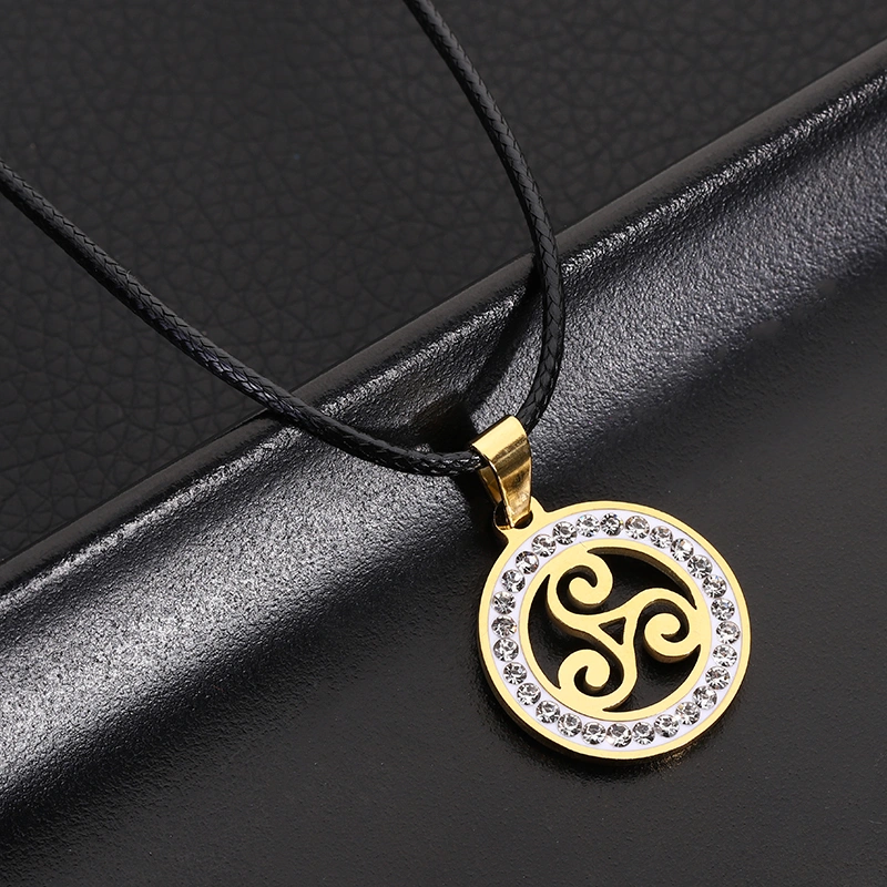 Round Diamond-studded Stainless Steel Pendant Leather Cord Necklace