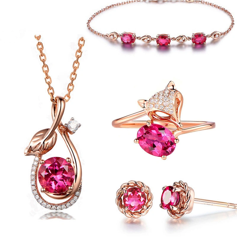 Red Tourmaline Color Treasure Bracelet Simple Rose Flower Stud Earring Pendant Set