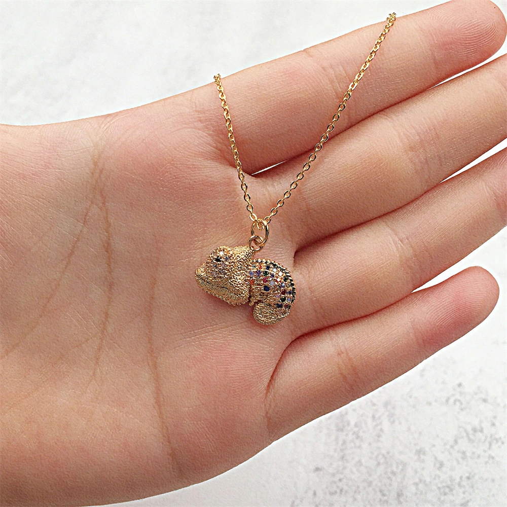 Micro Set Colored Diamond Chameleon Pendant Gold Plated Copper Necklace