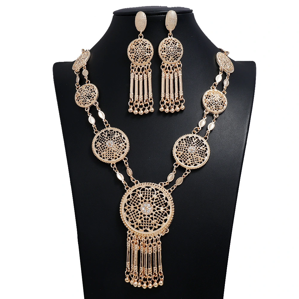 Palace Retro Carved Long Hollow Tassel Necklace And Earring Set