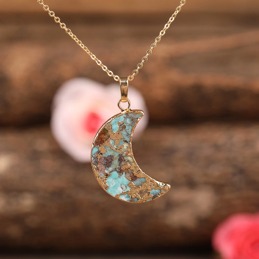 Natural Gold Thread Turquoise Inlaid Moon Pendant Gold Tennis Chain