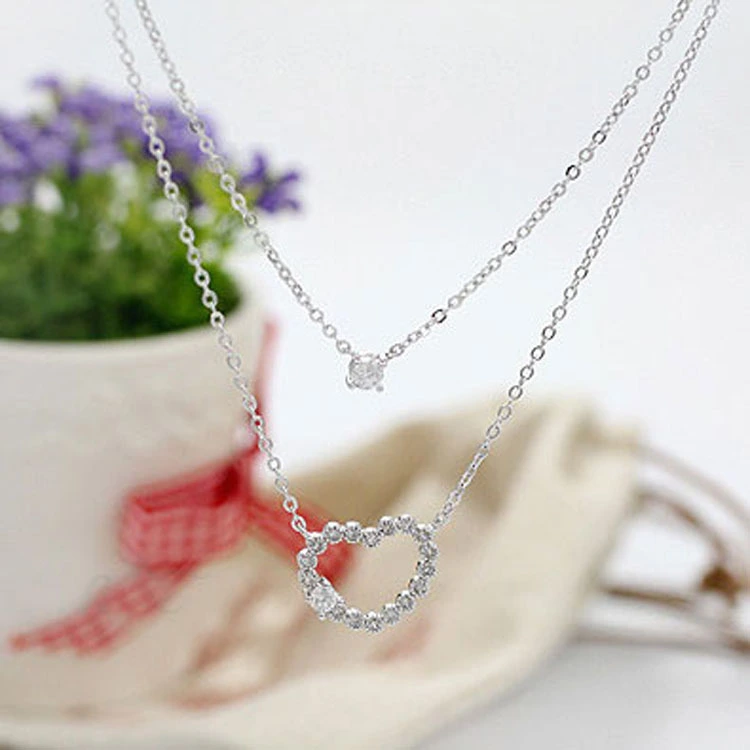 Lady Double Heart-shaped Shiny Rhinestone Necklace