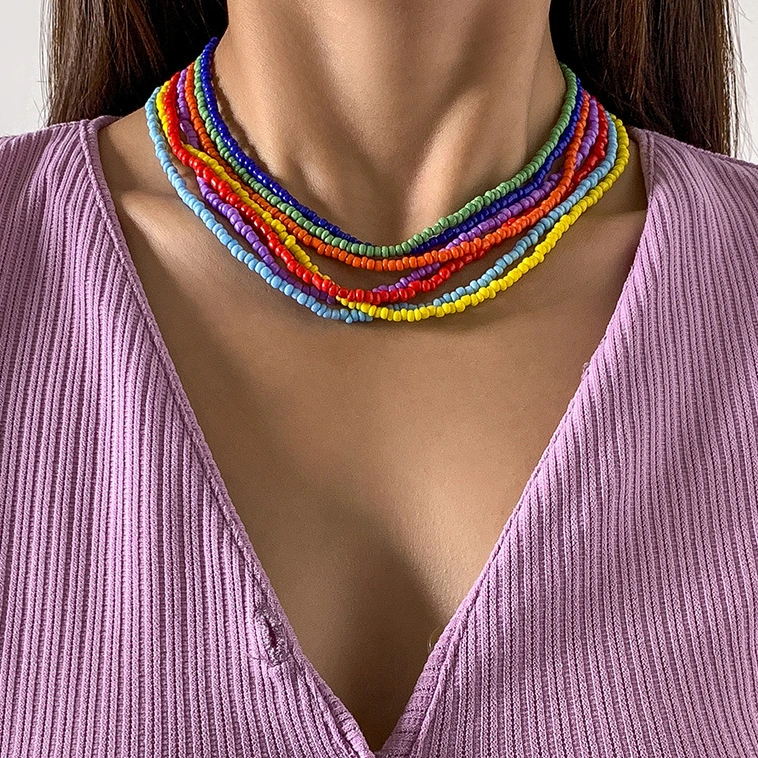 Pastoral Color Hand-woven Rice Bead Stacking Necklace