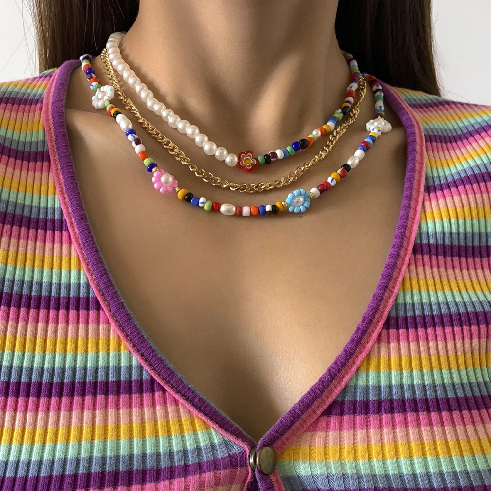 Sweet And Cool Contrasting Color Beaded Metal Chain Necklace