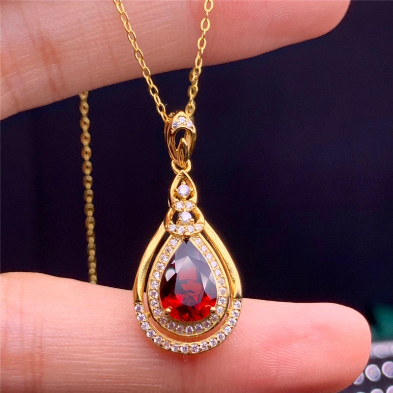 Red Drop Garnet Sterling Silver Pendant Necklace