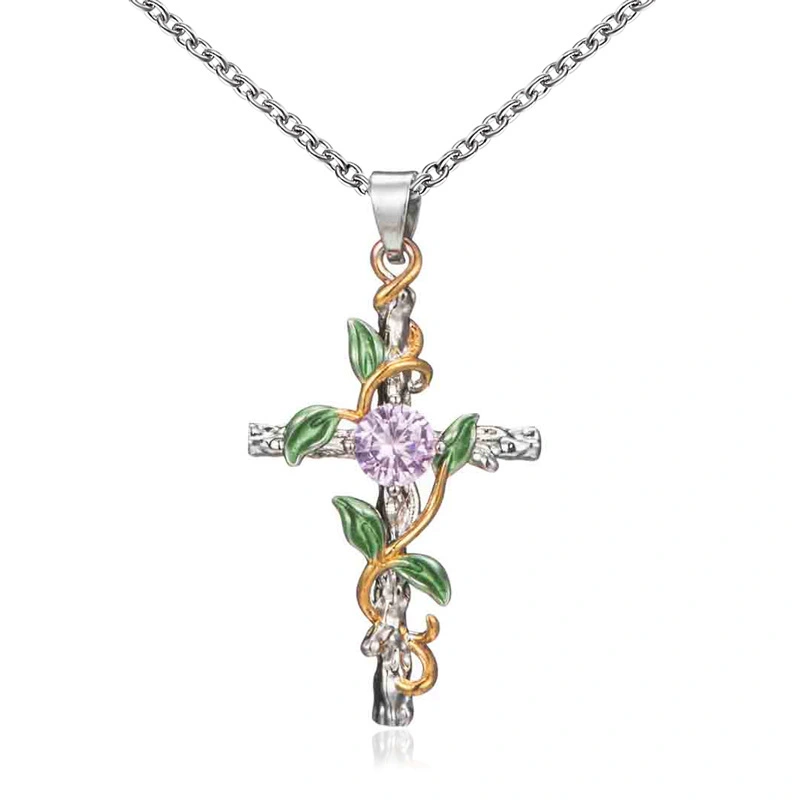 Creative Leaf Wrapped Cross Pendant Women's Diamond Necklace