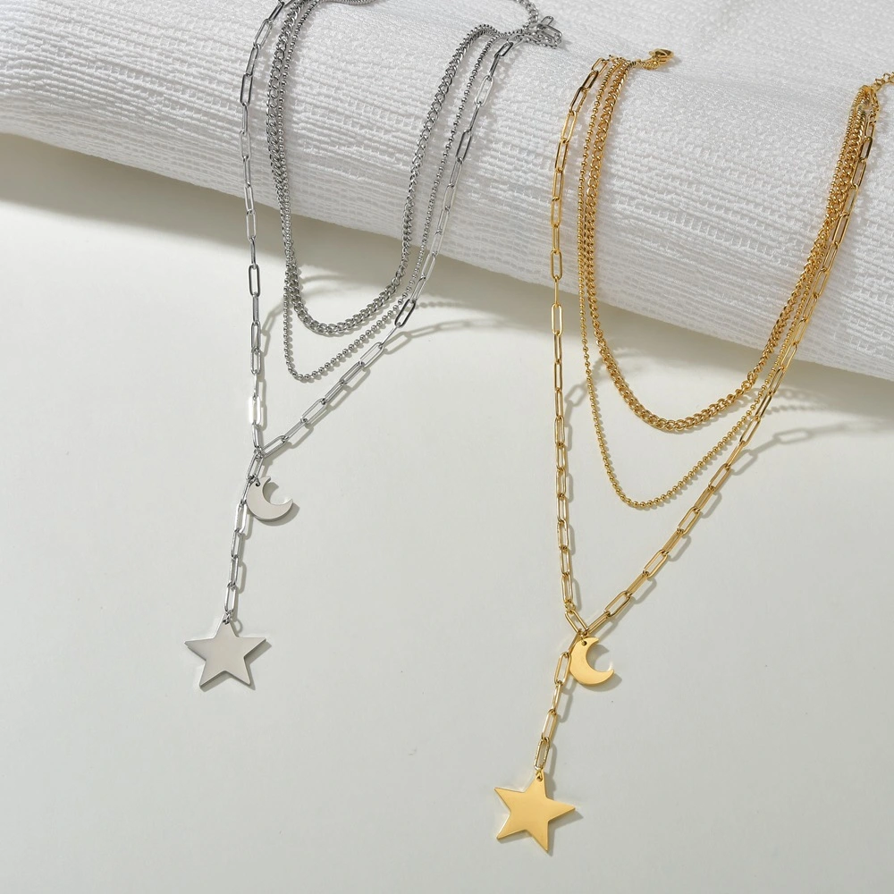 Retro Moon Five-pointed Star Three-layer Necklace Women