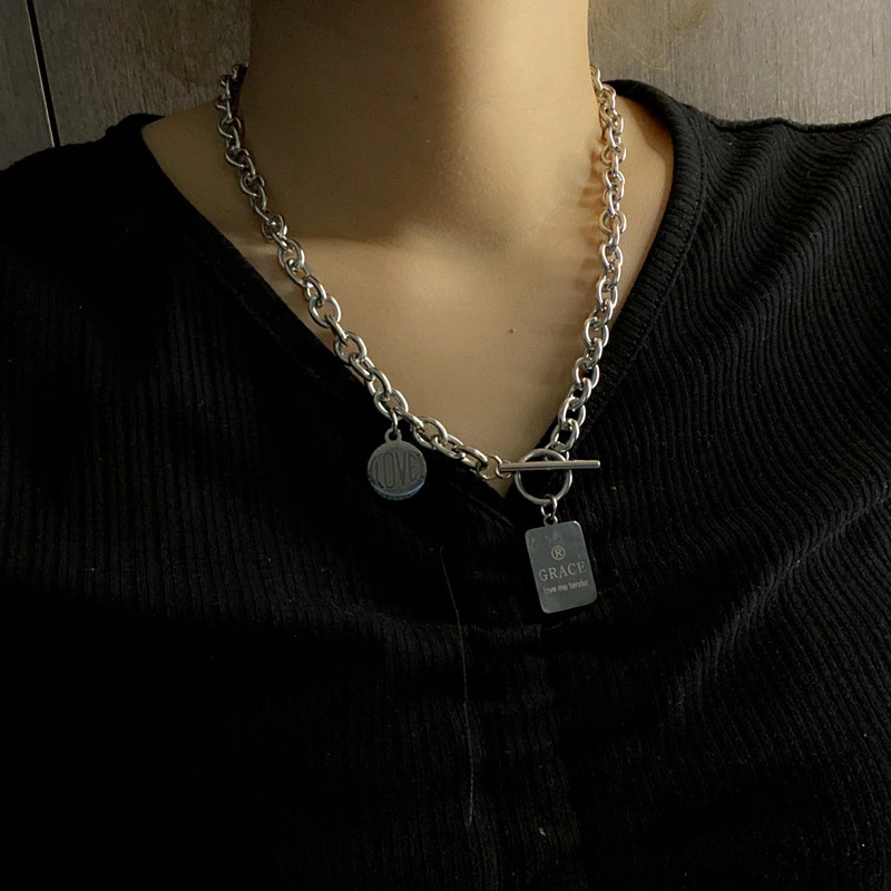 Square Round Brand Letter Thick Chain Pendant Necklace