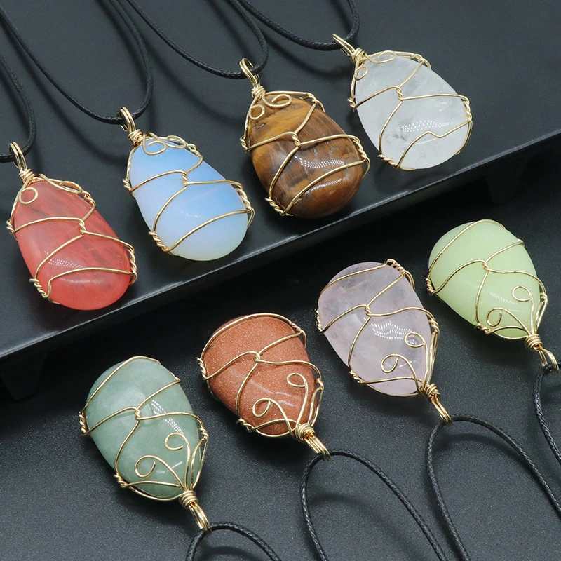 Crystal Agate Semi-precious Stone Water Drop Wrapped Silk Pendant