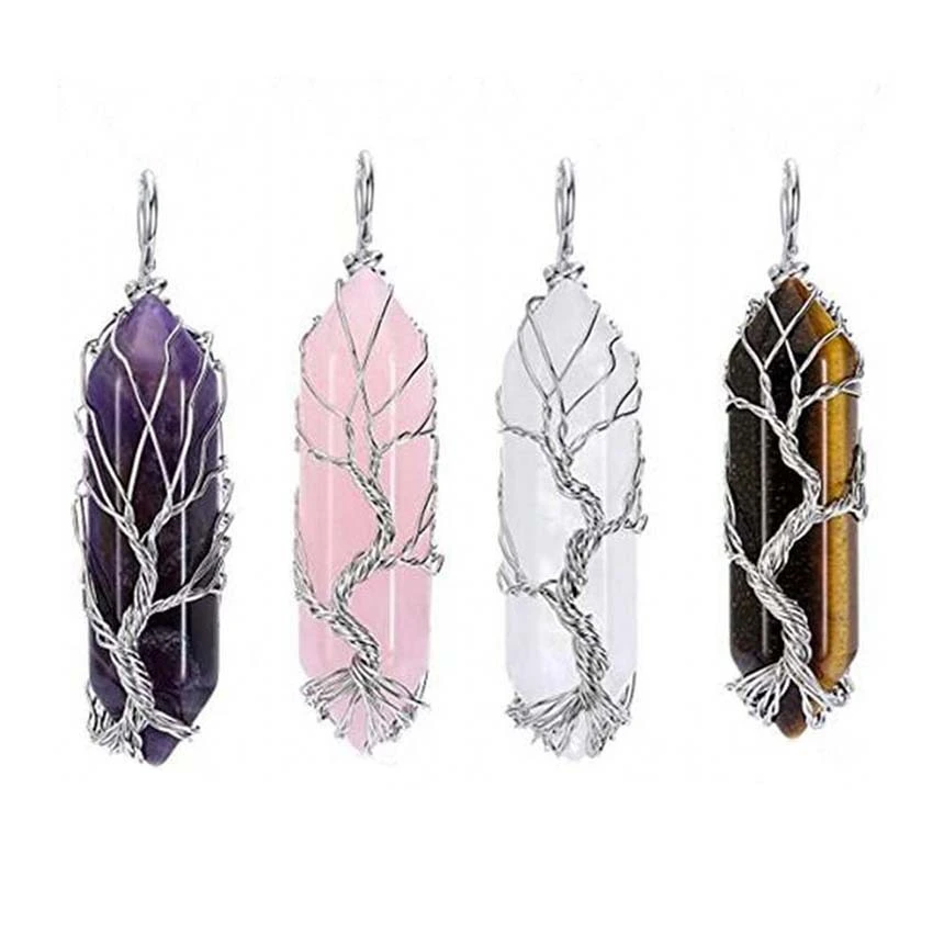 Natural Crystal Hexagonal Column Winding Tree Of Life Pendant