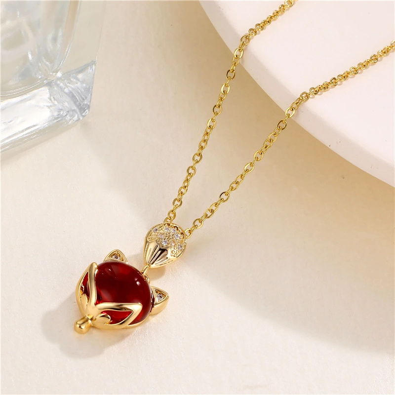 Red Pendant Little Fox Necklace With Zircon