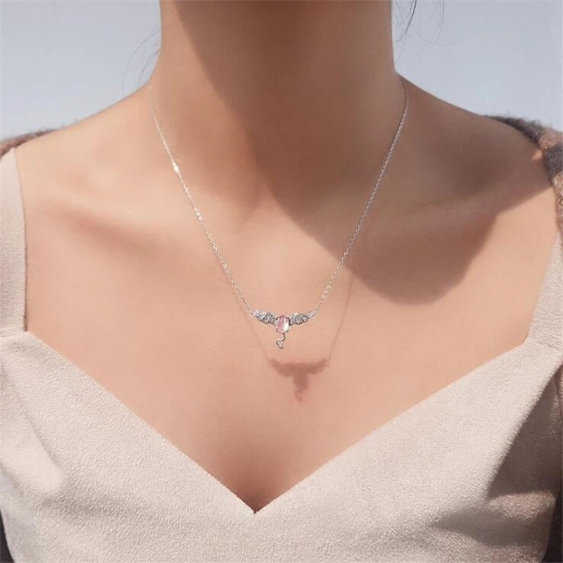 S925 Sterling Silver Necklace Little Devil Bat Diamond Moonstone Chain