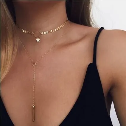 Street Shot Necklace Handmade Sequins Star Tassel Clavicle Circle Hanging Bar Necklace