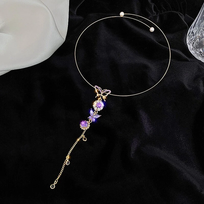 Korean retro amethyst butterfly collar Crystal butterfly necklace