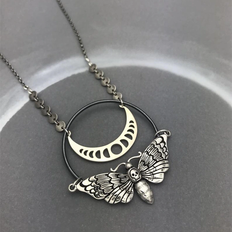 Moon phase skull moth mysterious pendant necklace