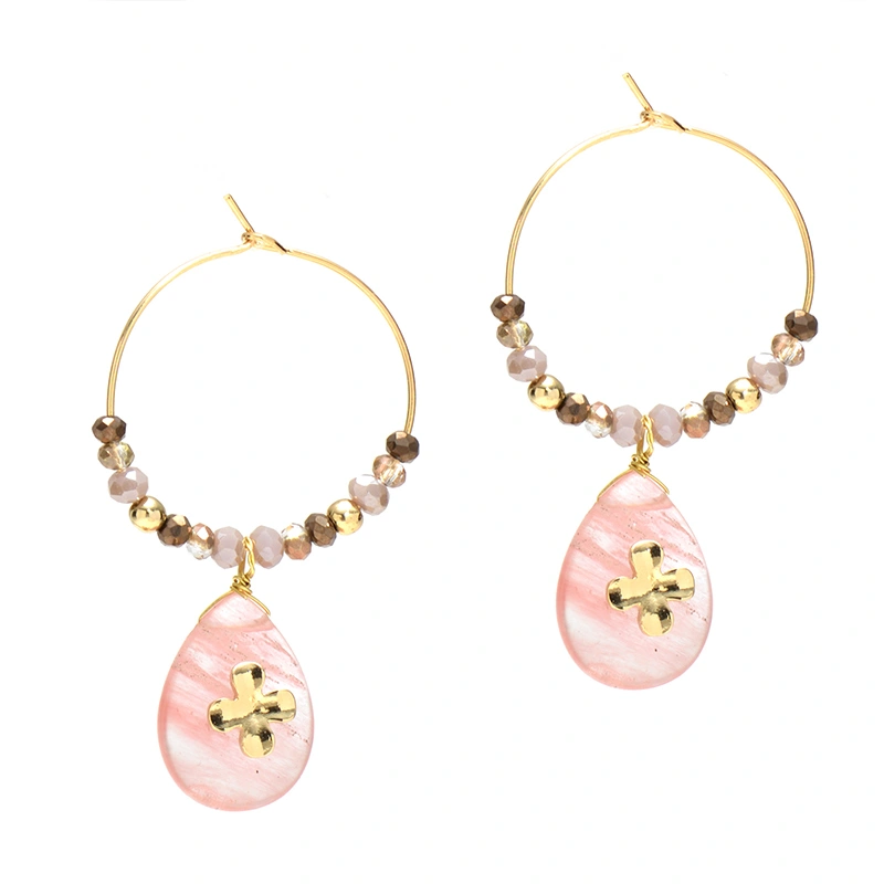 Women Fashion Natural Stone Hoop Earrings With Pink Waterdrop Stone